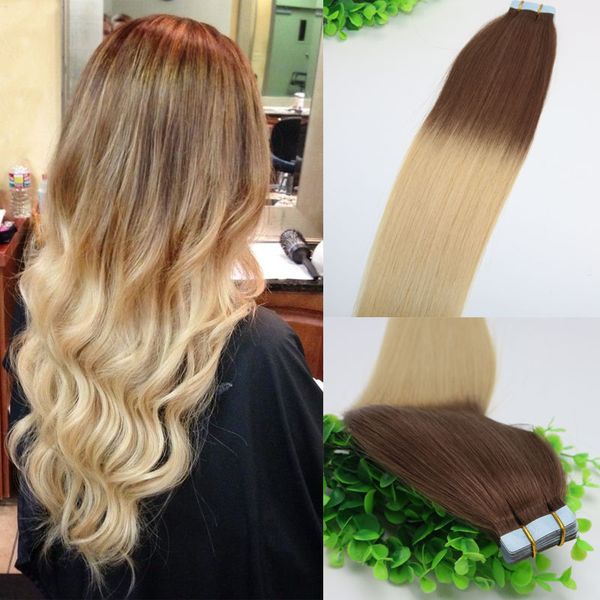 

ombre hair dark brown 4# shade to golden blonde 613#tape in human hair extensions 40pcs 100gram brazilian remy hair, Black
