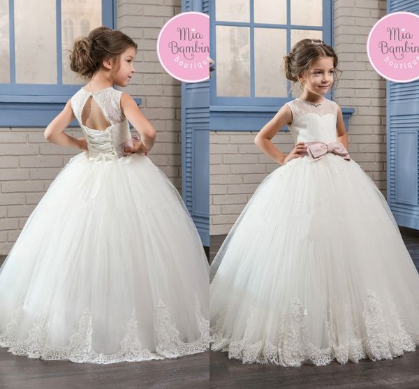 

2020 new princess white sleeveless flower girl dresses crew sheer neck open back corset tulle lace appliqued first communion gowns custom, White;blue
