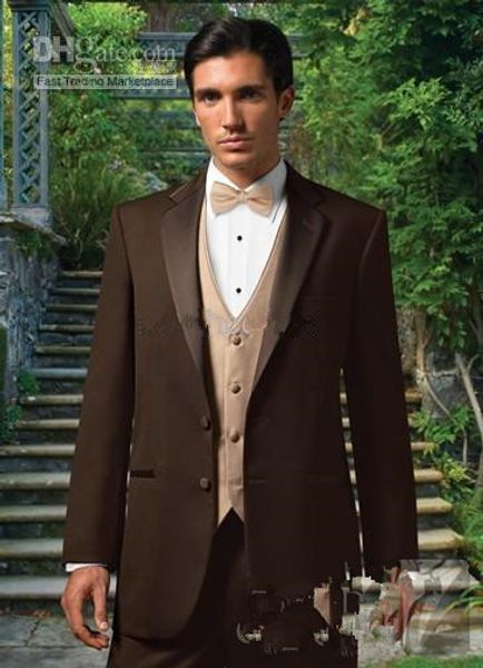 Melhor venda de Chocolate Blazer Notch Lapela Do Noivo Smoking Padrinhos Melhor Homem Terno Homens Ternos de Casamento (Jaqueta + Calça + colete + Gravata) A: 119