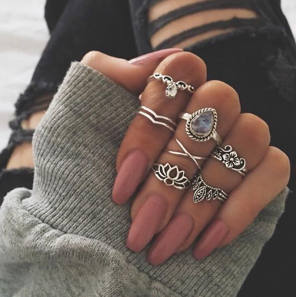 

7pcs/set new arrival flower gemstone carved ring set antique silver plated vintage bohemian turkish fashion women accessories, Golden;silver