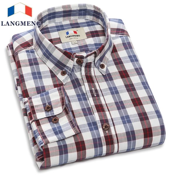 

wholesale- langmeng 2016 brand 100% cotton selling men casual shirts mens long sleeve spring autumn plaid shirts male dress shirt, White;black