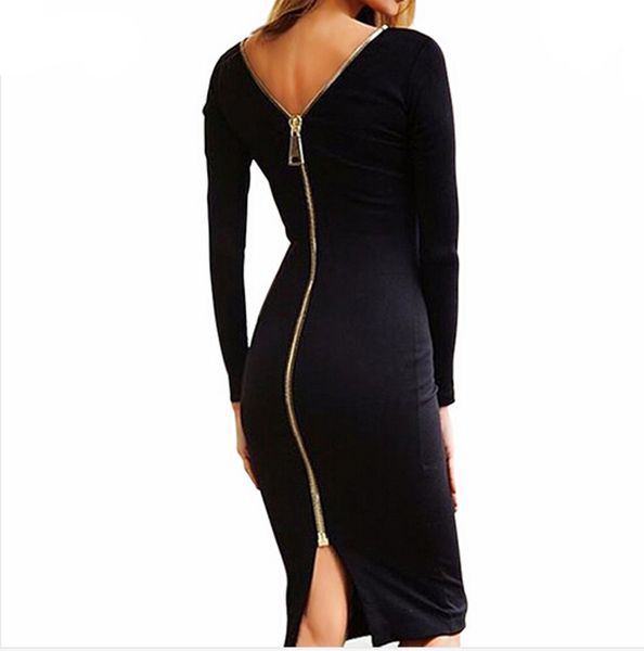 Großhandel - Frauen Bodycon Sexy Club Midi Kleid Winter Herbst Mantel Oansatz Langarm Party Enge Zurück Reißverschluss Kleider Vestidos M0005