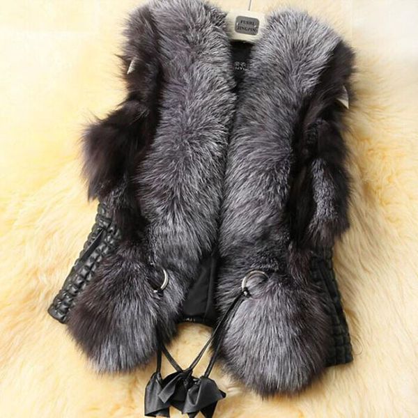 

2016 faux fur vest women winter warm sleeveless coats outerwear faux fox fur leather slim waistcoat elegant jacket vest s2464, Black
