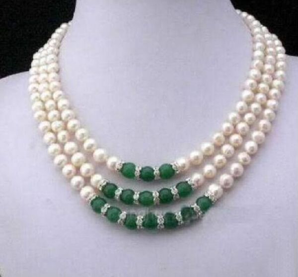 

3 row 7-8mm green jade + south sea white pearl necklace 18" yellow gold @, Silver