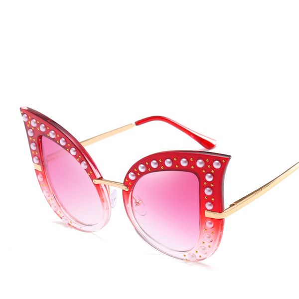 

fashion cat eye sunglasses women pearl decoration frame oversize rivet shades pc+metal frame sun glasses with case, White;black
