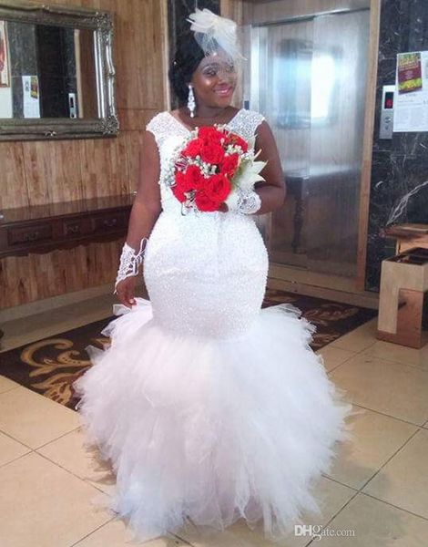 

new luxury mermaid plus size wedding dresses sleeveless v neck crystals beads ruffles tulle skirt bridal gowns vestido de noiva, White