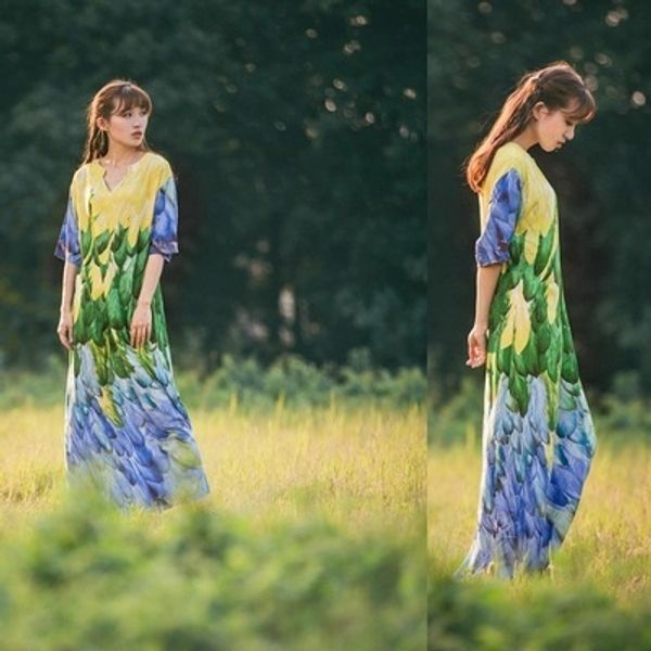 

green flower shadow long dress, Black;gray