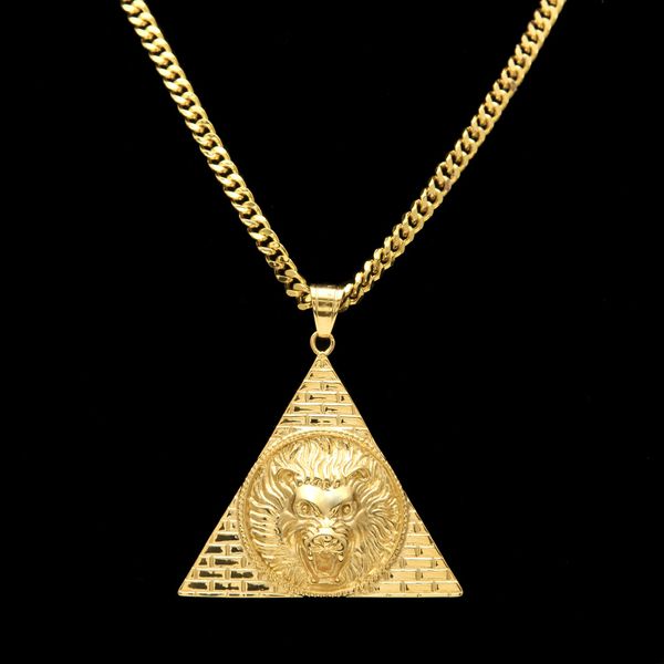 Triangolo egiziano con pendenti a forma di testa di leone, acciaio al titanio, colore oro, fascino bling, donna, uomo, catena hip-hop fortunata