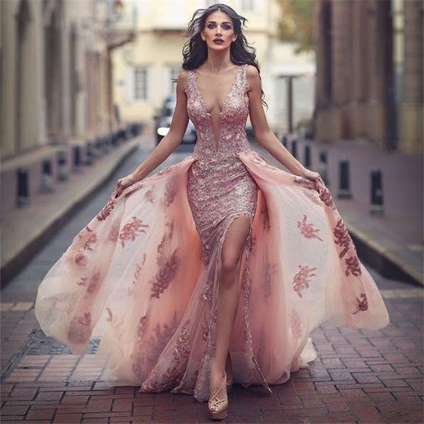 

new v neck amazing pink formal dress over skirt front appliques slit tulle lace evening dress, Black;red