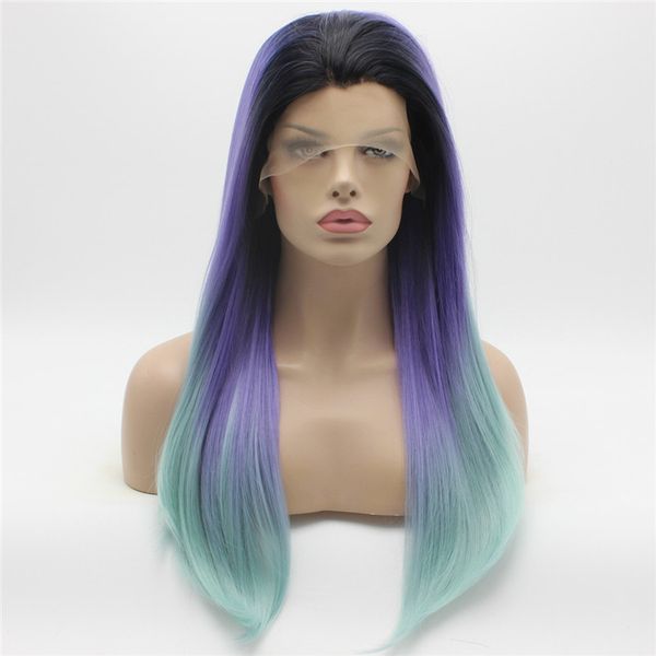 Iwona Hair Straight Long Dark Root Purple Light Blue Ombre Wig 2