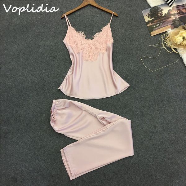 

wholesale- voplidia pyjamas women pajamas set long pant faux silk lace bow v-neck sleepwear lace lingerie sleeveless women lingerie, Black;red