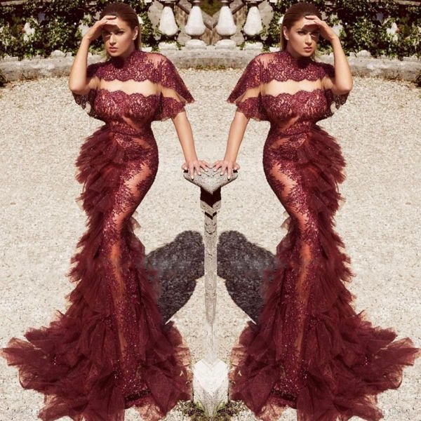 

burgundy lace mermaid prom dresses 2018 high neck see through evening gowns tulle tiered long formal party dresses custom made, Black