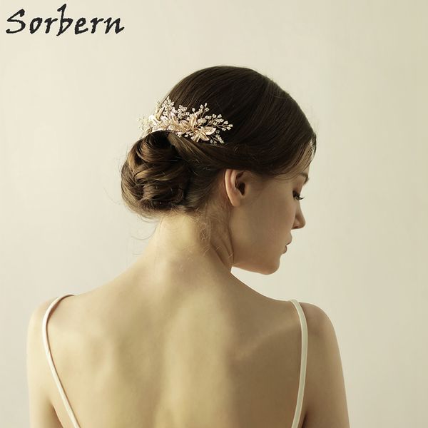 Gold Combs Leaves Rhinestone Headpiece White Beads Bridal Tiara