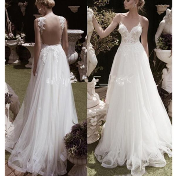

спагетти ремни спинки свадебные платья сад новый стиль тюль глубокий v шеи сексуальные свадебные платья аппликации ручной работы простой раз, White