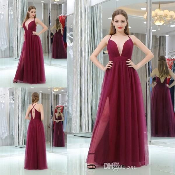 

new deep v-neck backless prom dresses floor length tulle burgundy a-line formal evening gowns simple special occasion dress, Black
