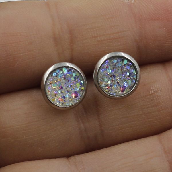 

fashion 8mm imitate natural stone drusy druzy earrings stainless steel gemstone stud earrings for women lady jewelry nr027, Golden;silver