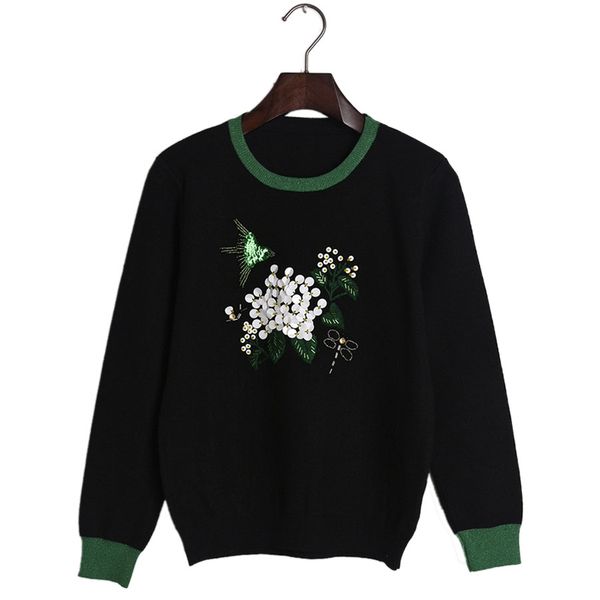 

wholesale-2016 autumn runway designer pullover women's luxury diamonds sequined birds floral sweater long sleeve pull femme, White;black
