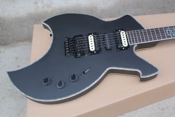 

unique shaped flame maple & back matte black electric guitar 5 pickups tremolo bridge black hardware abalone body binding & inlay