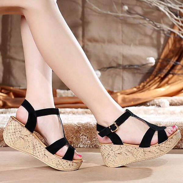 

summer women sandals waterproof platform new leather high-heeled slope with fish mouth large size sandals women casual shoes, Black