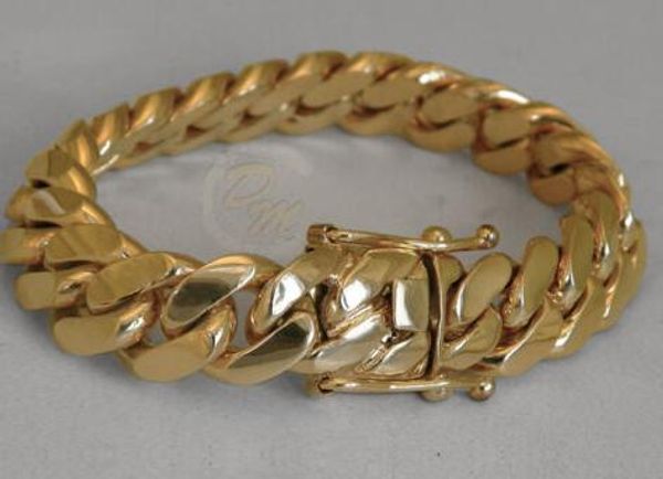 

solid 14k gold miami men's cuban curb link bracelet 8" heavy 98.7 grams 12mm, Black