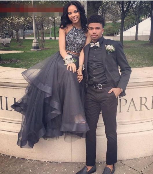 

2017 новый сексуальный две части тюль линии длинные платья выпускного вечера бисера кристаллы топ слоистых оборками длина пола вечерние плат, Black