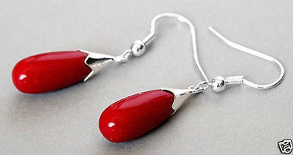

new pair red coral 925 sterling silver hook teardrop dangle earrings>>> ing
