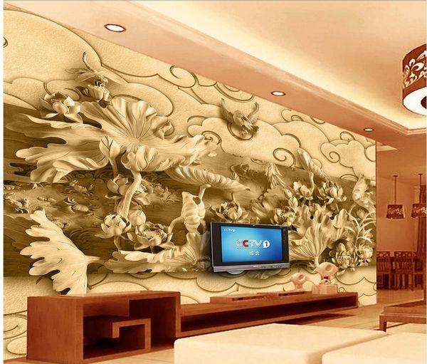 

customize size modern lotus wood carving background wall