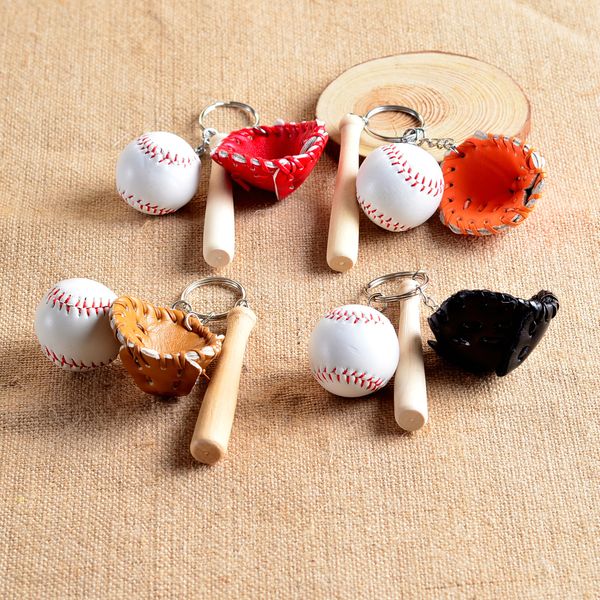 

mini three-piece baseball glove wooden bat keychain sports car key chain key ring gift for man women wholesale, Silver