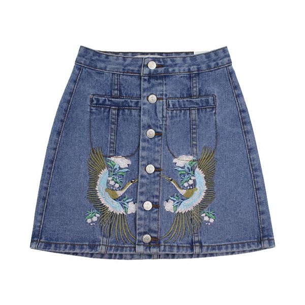 

fashion women mini denim skirts high waist women's pockets emboridery single breasted denim a-line skirt xxj, Black