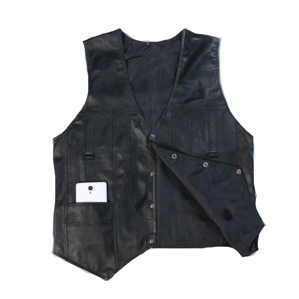 

wholesale- leather vest mens clothing real sheepskin waistcoat winter autumn soft black mens gilet vintage motorcycle jacket, Black;white