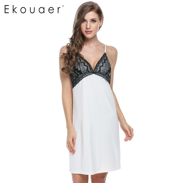Оптовая торговля- ekouaer горячее продажи ночное платье Женщины сексуальное платье для сна без рукавода домашняя одежда V-образное кружевная летняя спина ночная одежда плюс размер