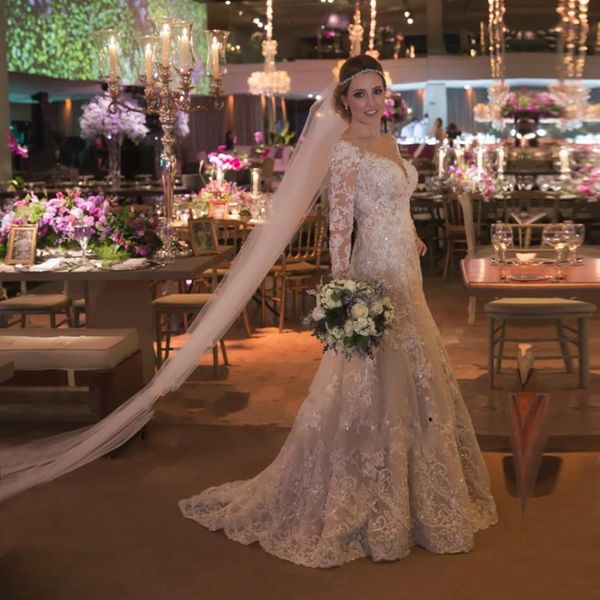 

real image elegant wedding dresses long sleeve v neck a line sweep train lace applique sequins bridal gowns, White