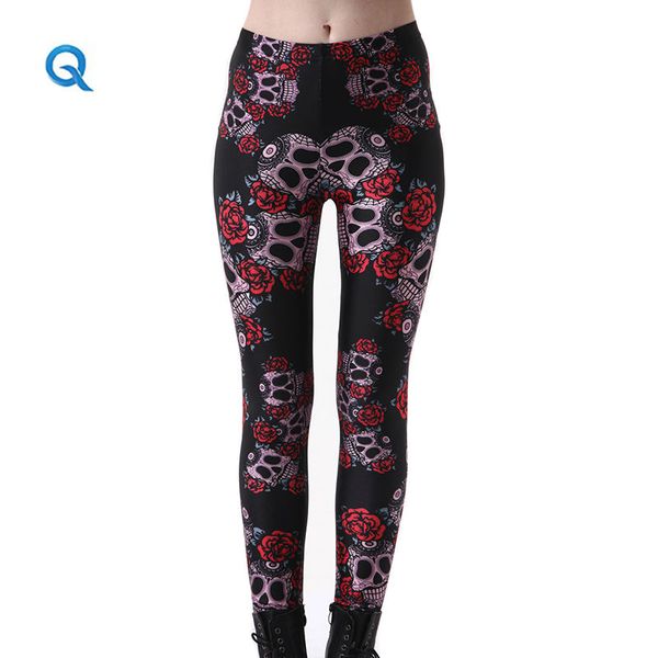 

wholesale- qoujeily women's printed leggings 3d flower digital skull print legging plus size jeggings s-4xl, Black