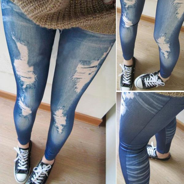 All'ingrosso- Jeans strappati in denim sembrano pantaloni skinny Jeggings pantaloni blu