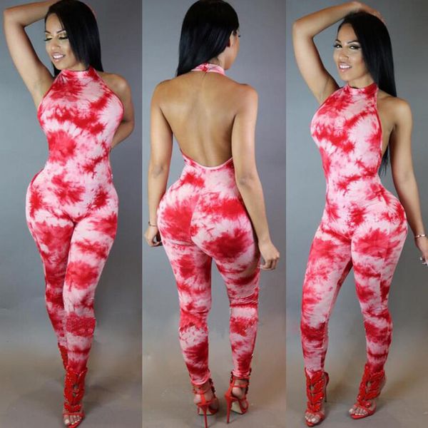 Atacado- 2016 Novo Hot Sexy Macacao Feminino Colorido Print Bainha Jumpsuits Bodycon Bandagem Bodysuits Aberto Back Halter Night Club Catsuit