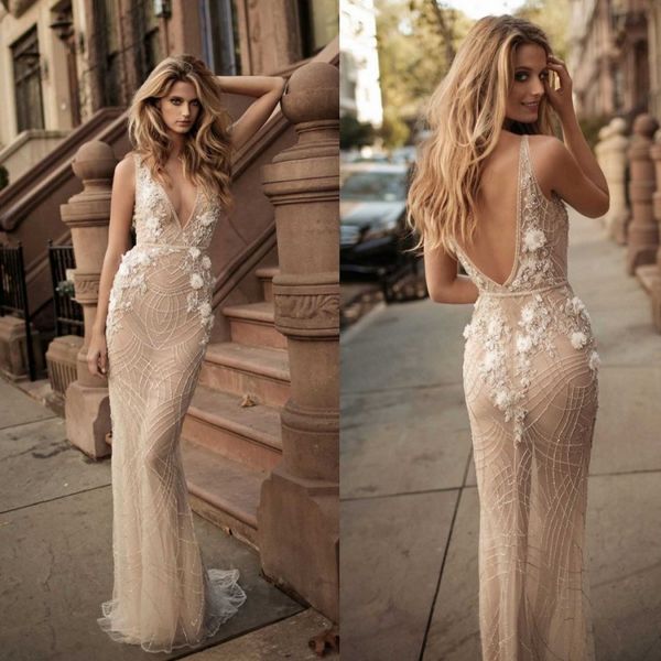 

berta backless mermaid wedding dresses 3d floral appliqued deep v-neck beading trumpet bridal gowns floor length country wedding dress, White
