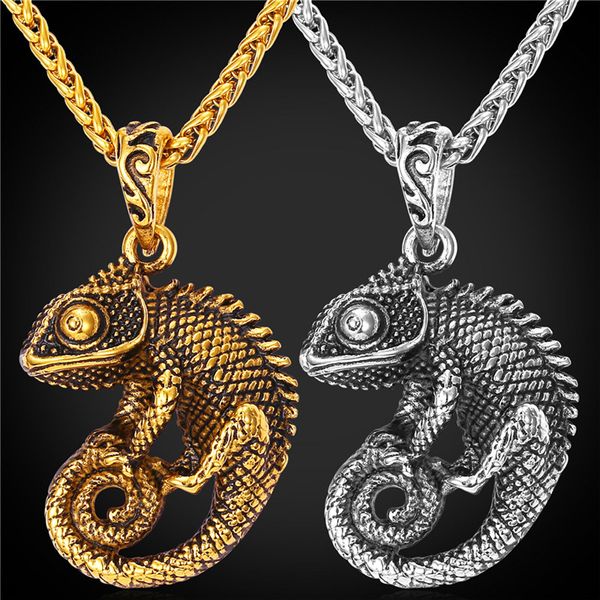 

vintage chameleon pendant necklace men stainless steel jewelry 18k real gold plated fashion necklaces, Silver