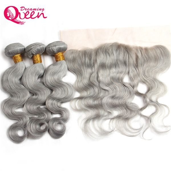 

Grey color body wave ombre brazilian virgin human hair weave exten ion 3 pc with 13x4 lace frontal clo ure gray bleached knot frontal