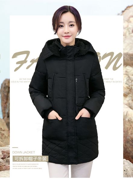 

women winter plus size 3xl hooded solid color lambswool thick padded jackets warm mid length coats parkas veste femme, Black