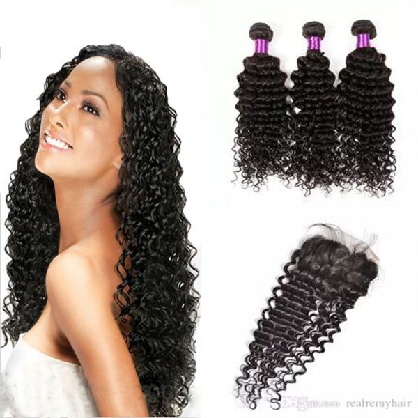 

brazilian deep wave weave 3 bundles with closure unprocessed deep curly virgin human hair weave extensions with lace closure, Black