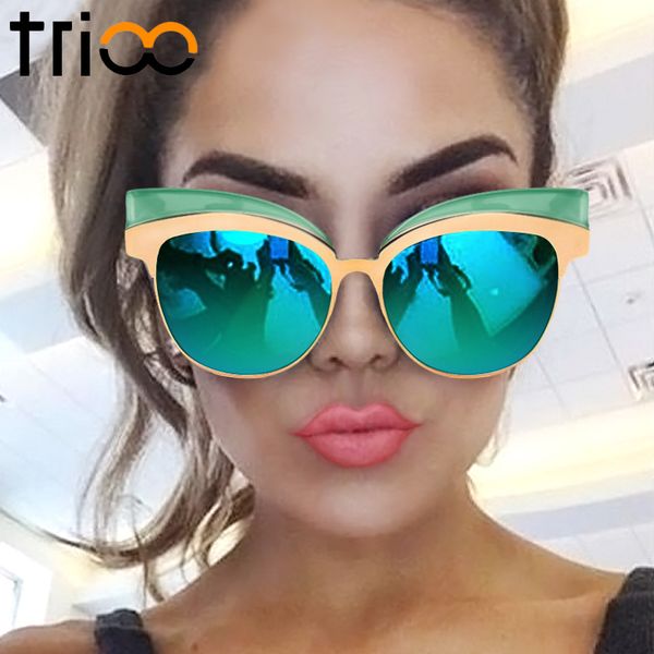 

wholesale-trioo coating mirror sunglasses for women gold cat eye shades high fashion oculos feminino new cool designer female sun glasses, White;black