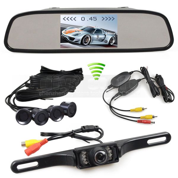 Radar di parcheggio video wireless 4 sensori Monitor per auto da 4,3 pollici Monitor per specchietto retrovisore IR per auto