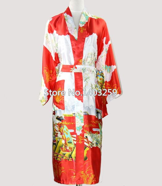 

wholesale- red japanese women kimono bath gown long silk rayon lingerie sleepwear bridesmaid wedding robe s  l xl xxl xxxl nr036, Black;red
