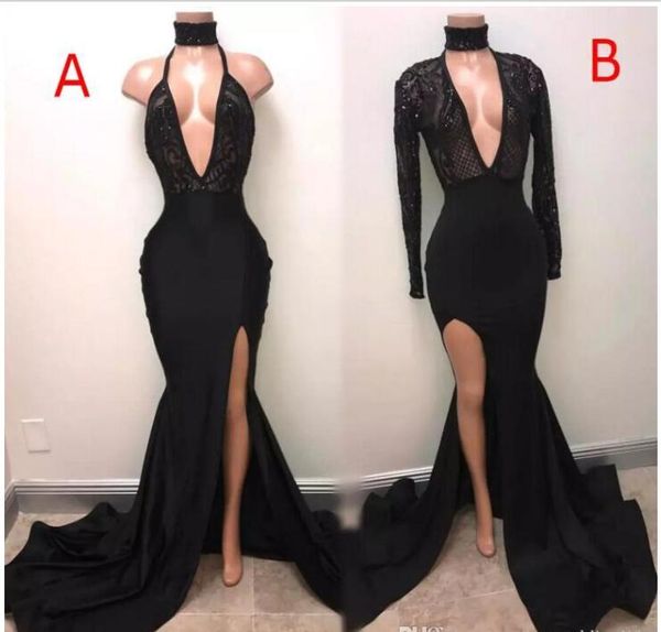 

2017 new black 2 styles mermaid prom dresses deep v neck thigh high slit long evening dresses lace appliqued sequins vintage gown