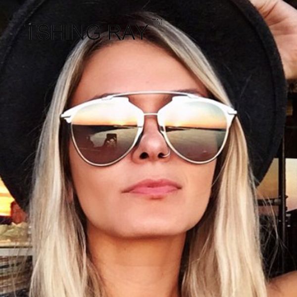 

wholesale-2016 new fashion woman reflected cat eye sunglasses women brand designer metal retro vintage mirror cateye sun glasses, White;black