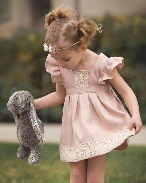 

ins 2017 summer new girl dress pink lace flare sleeve cotton princess mini dress children clothing 1-6y eg003, Red;yellow