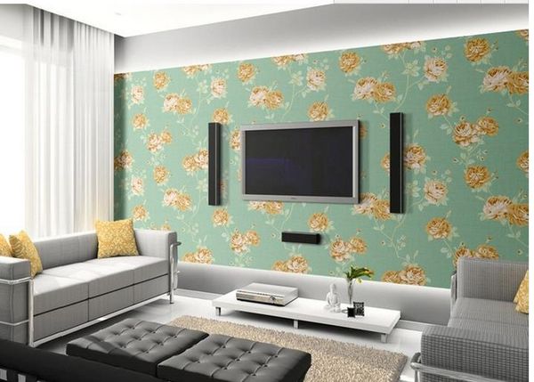 

home decor living room natural art light blue modern fashion garden rose flowers seamless stitching wallpaper