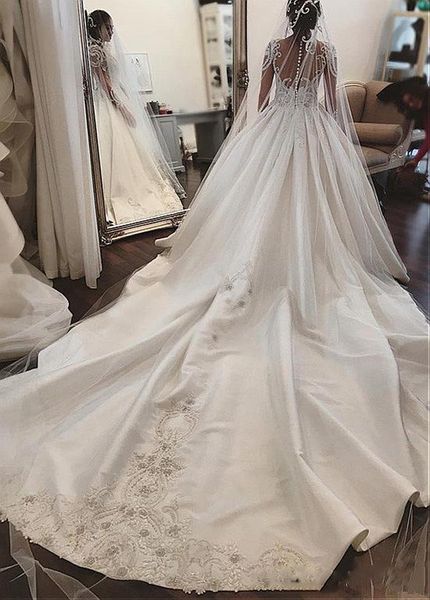 

fashion long sleeve tulle & satin sheer jewel neckline wedding dress with beaded appliques lace wedding dresses, White