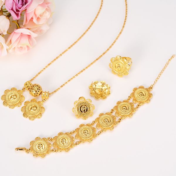 

new ethiopian coin sets jewelry with 24k real yellow solid gold gf pendant necklace earrings ring bracelet bridal wedding women, Black