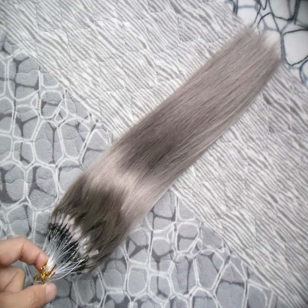 Silbergraue Micro-Ring-Haarverlängerungen, 100 g, Micro-Link-Echthaarverlängerungen, brasilianische glatte Mikroperlen-Haarverlängerungen, 100 g